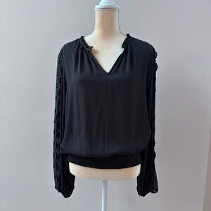 White House Black Market Embroidered Sleeve Black Blouse, Gathered Waist – Size